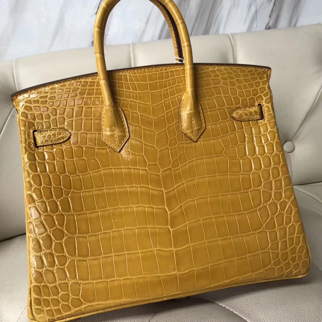 Luxury Hermes 9D Ambre Yellow Shiny Crocodile Birkin Bag25CM Gold Hardware