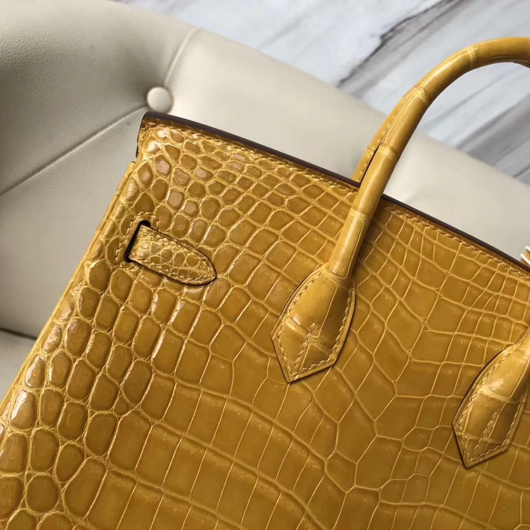 Luxury Hermes 9D Ambre Yellow Shiny Crocodile Birkin Bag25CM Gold Hardware