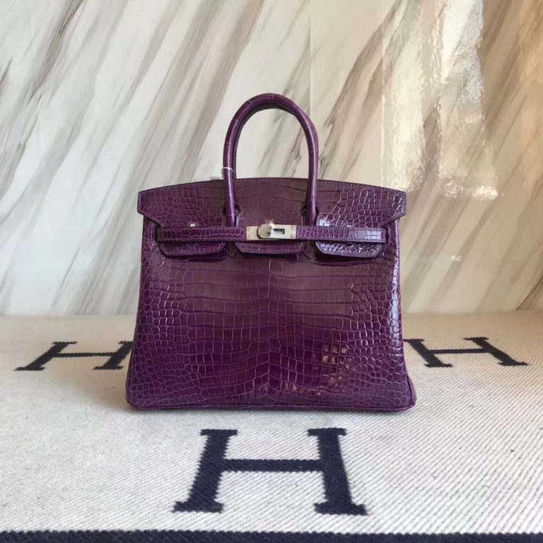 Hermes 9G Amethyst Purple Shiny Crocodile Birkin Bag 25CM Silver Hardware