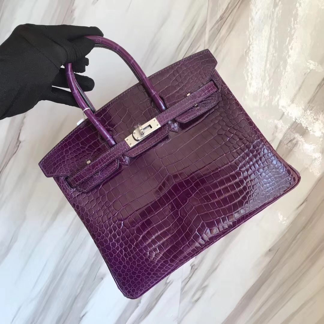 Sale Hermes 9G Amethyst Purple Shiny Crocodile Birkin Bag25CM Silver Hardware