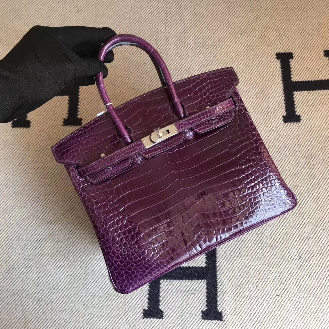 Sale Hermes 9G Amethyst Purple Shiny Crocodile Birkin Bag25CM Silver Hardware