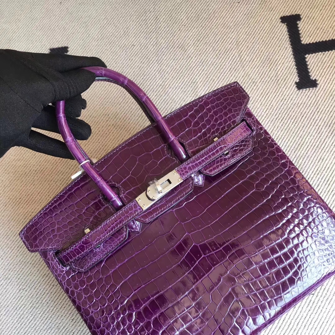 Sale Hermes 9G Amethyst Purple Shiny Crocodile Birkin Bag25CM Silver Hardware