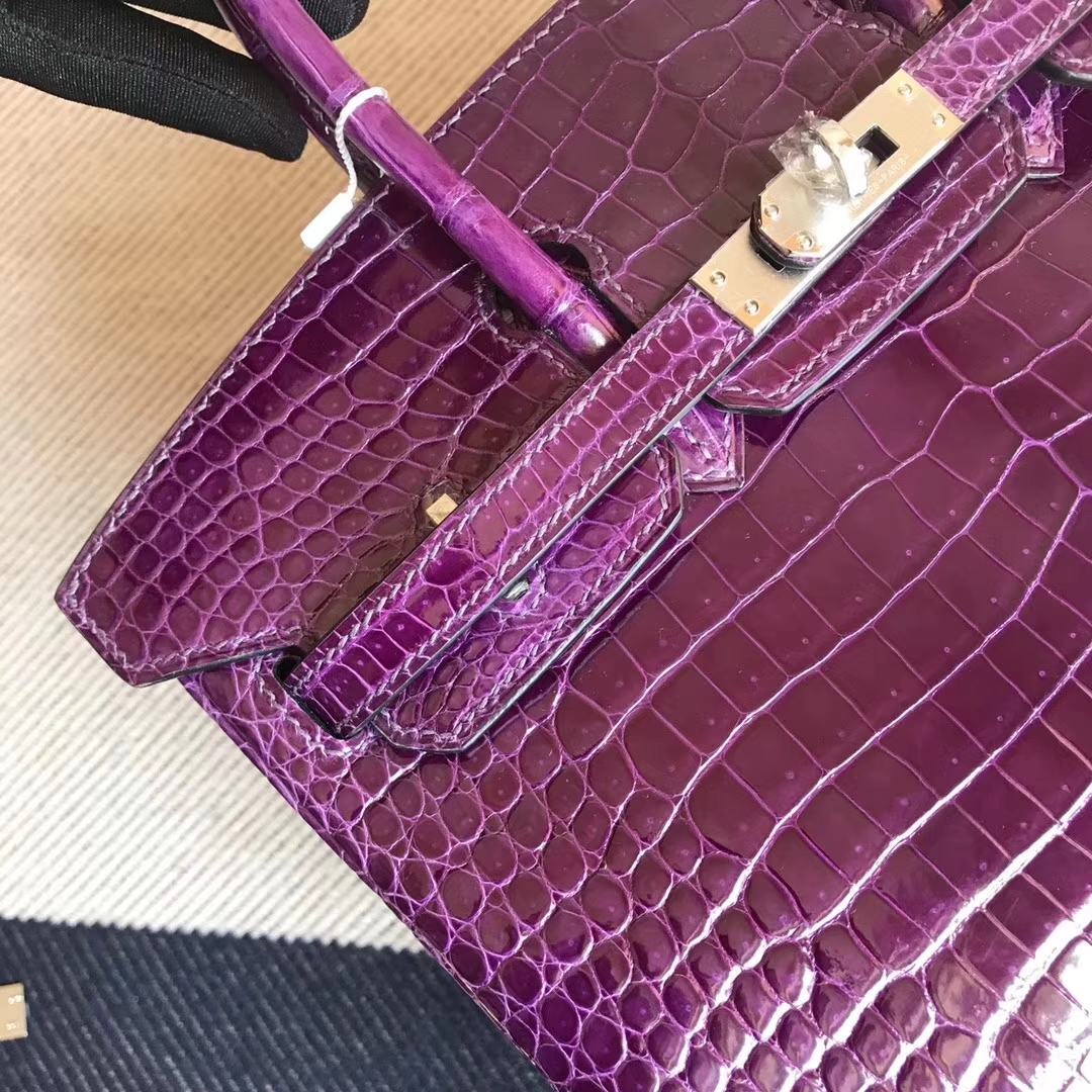 Sale Hermes 9G Amethyst Purple Shiny Crocodile Birkin Bag25CM Silver Hardware