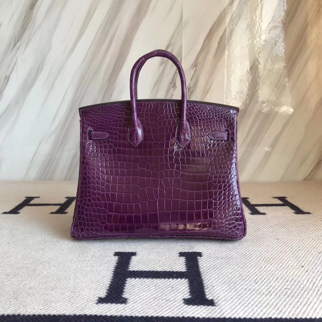 Sale Hermes 9G Amethyst Purple Shiny Crocodile Birkin Bag25CM Silver Hardware