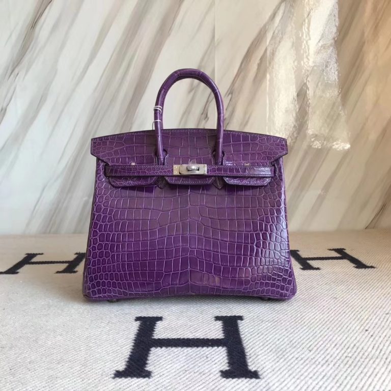 Hermes 9W Crocus Purple Shiny Crocodile Birkin Bag 25CM Silver Hardware