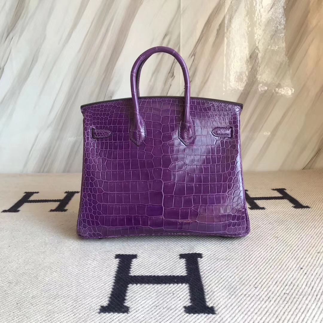 Noble Hermes 9W Crocus Purple Shiny Crocodile Birkin Bag25CM Silver Hardware