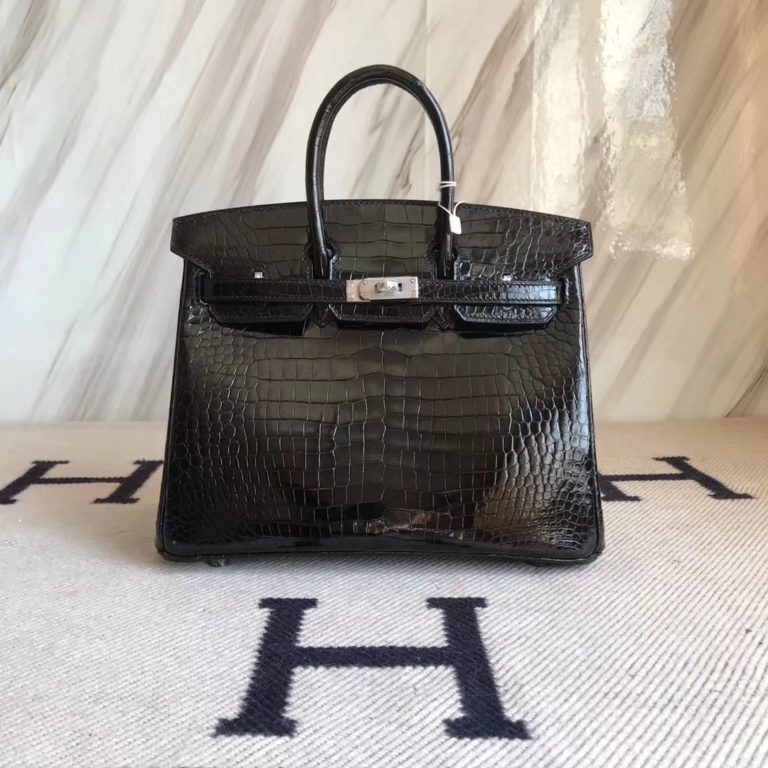 Hermes Classic Womens Bag CK89 Black Shiny Crocodile Birkin  25CM Handbag