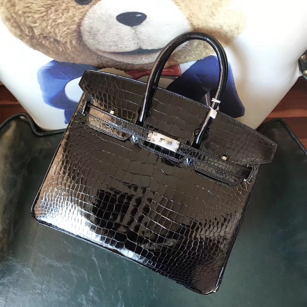 Hermes Classic Women&#8217;s Bag CK89 Black Shiny Crocodile Birkin 25CM Handbag