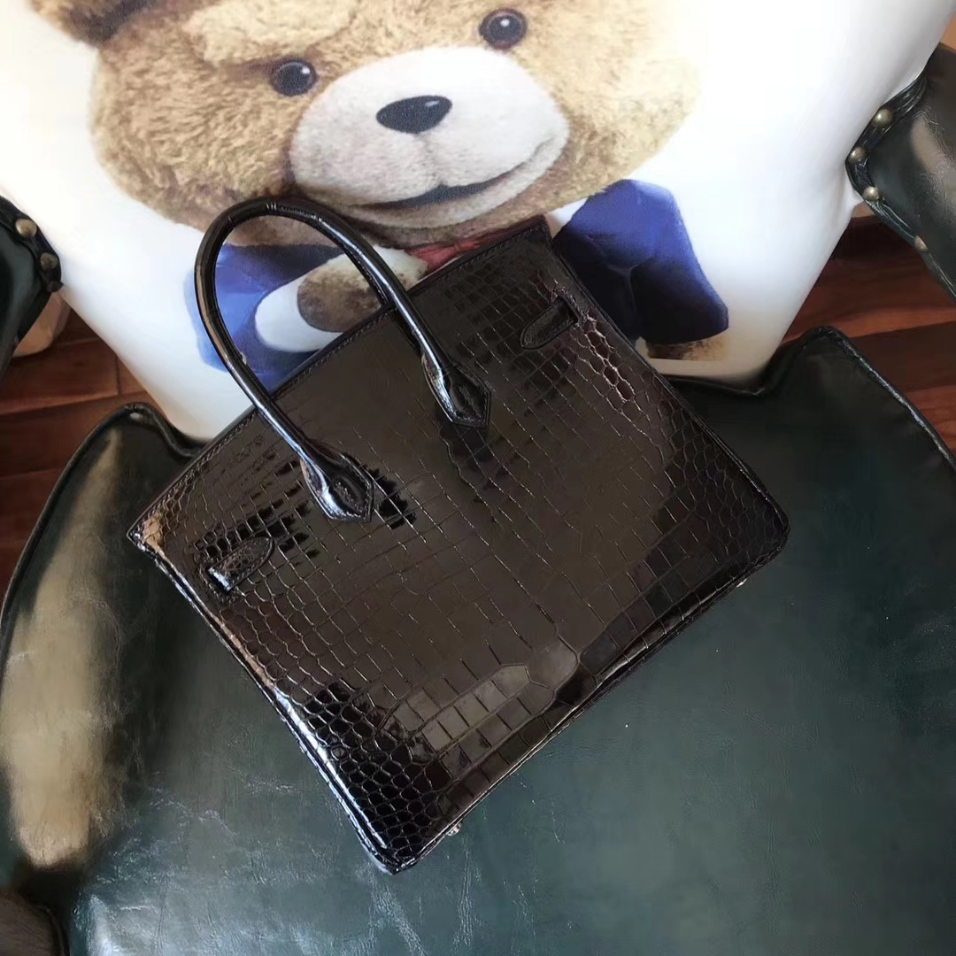 Hermes Classic Women’s Bag CK89 Black Shiny Crocodile Birkin 25CM Handbag