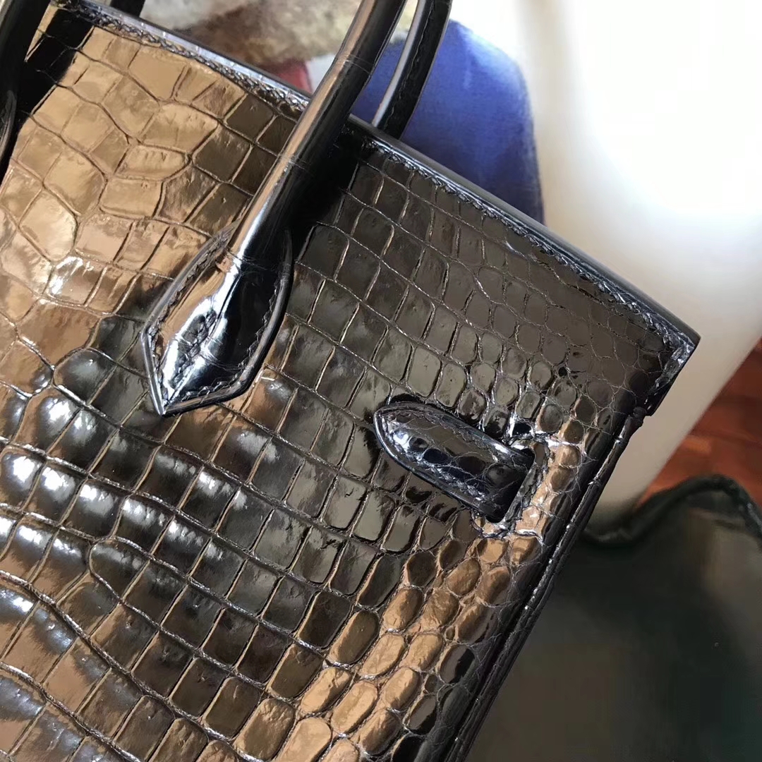 Hermes Classic Women&#8217;s Bag CK89 Black Shiny Crocodile Birkin 25CM Handbag