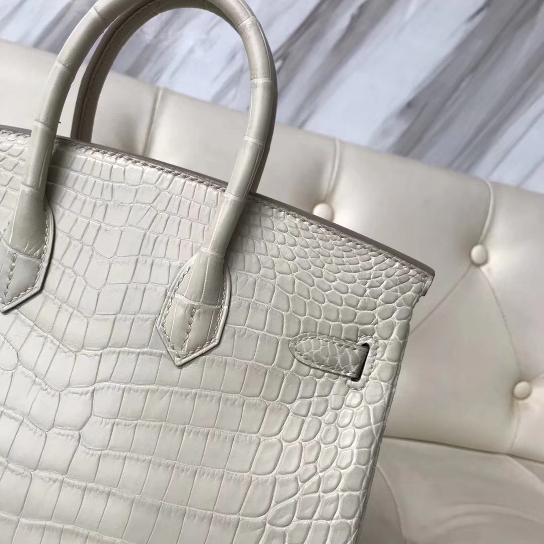 Fashion Hermes Crocodile Matt Birkin25CM Bag in 8L Beton White Silver Hardware