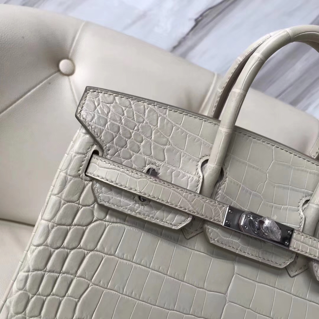 Fashion Hermes Crocodile Matt Birkin25CM Bag in 8L Beton White Silver Hardware