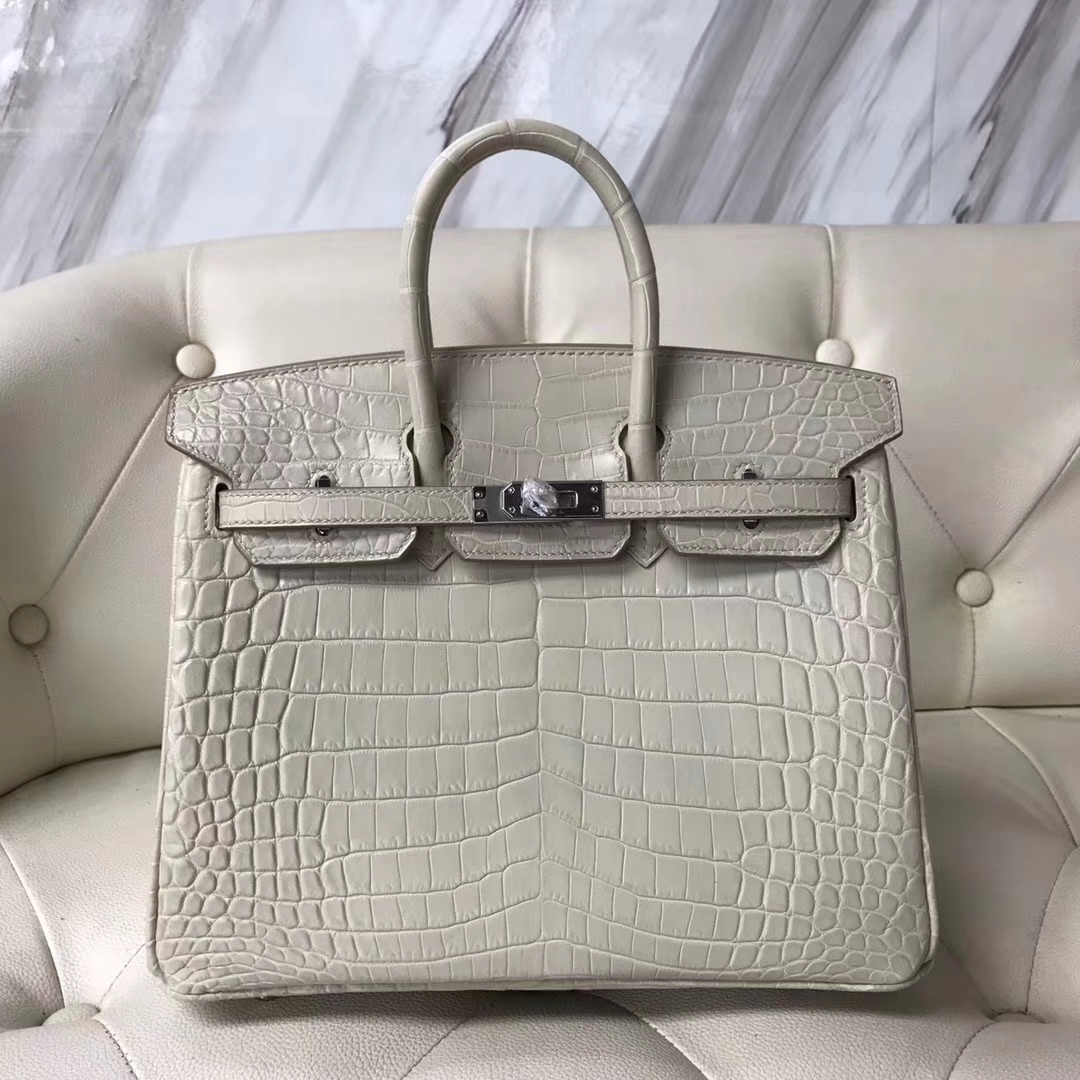 Fashion Hermes Crocodile Matt Birkin25CM Bag in 8L Beton White Silver Hardware