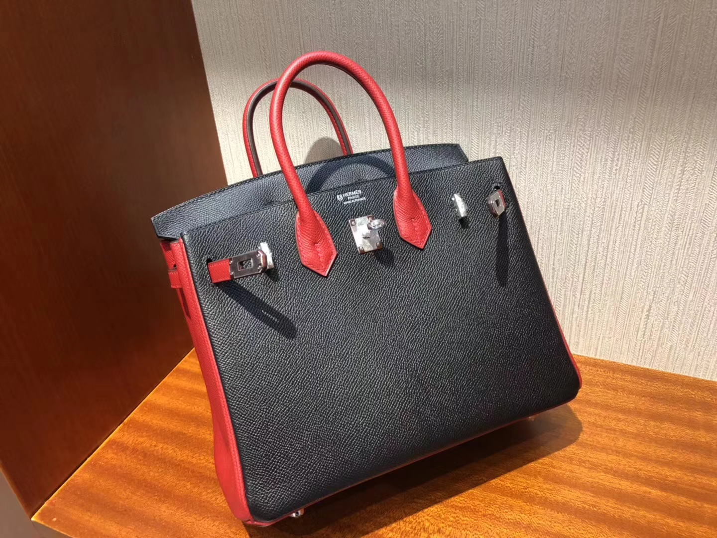 New Hermes CK89 Black/Q5 Rouge Casaque Epsom Calf Birkin25CM Bag Silver Hardware