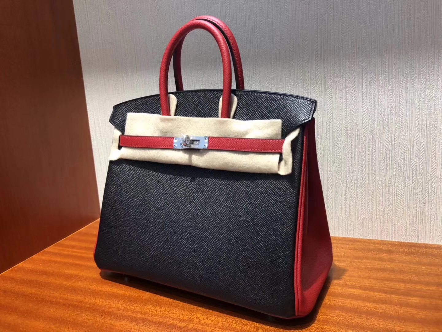 New Hermes CK89 Black/Q5 Rouge Casaque Epsom Calf Birkin25CM Bag Silver Hardware