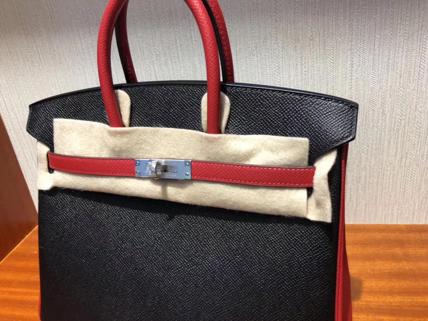 New Hermes CK89 Black/Q5 Rouge Casaque Epsom Calf Birkin25CM Bag Silver Hardware