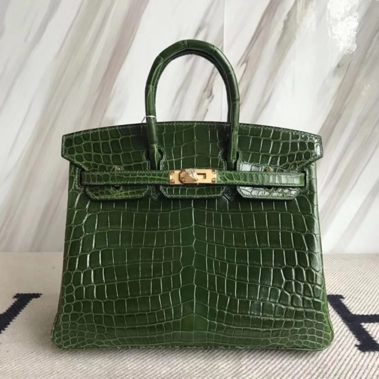 Hermes CK67 Vert Fonce Crocodile Shiny Birkin 25CM Bag Gold Hardware