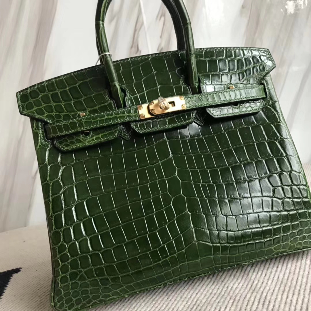 Luxury Hermes CK67 Vert Fonce Crocodile Shiny Birkin25CM Bag Gold Hardware