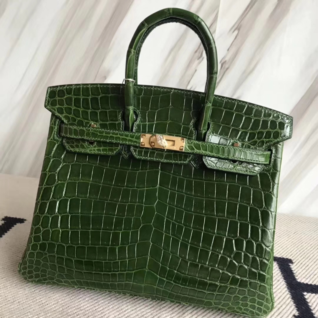 Luxury Hermes CK67 Vert Fonce Crocodile Shiny Birkin25CM Bag Gold Hardware