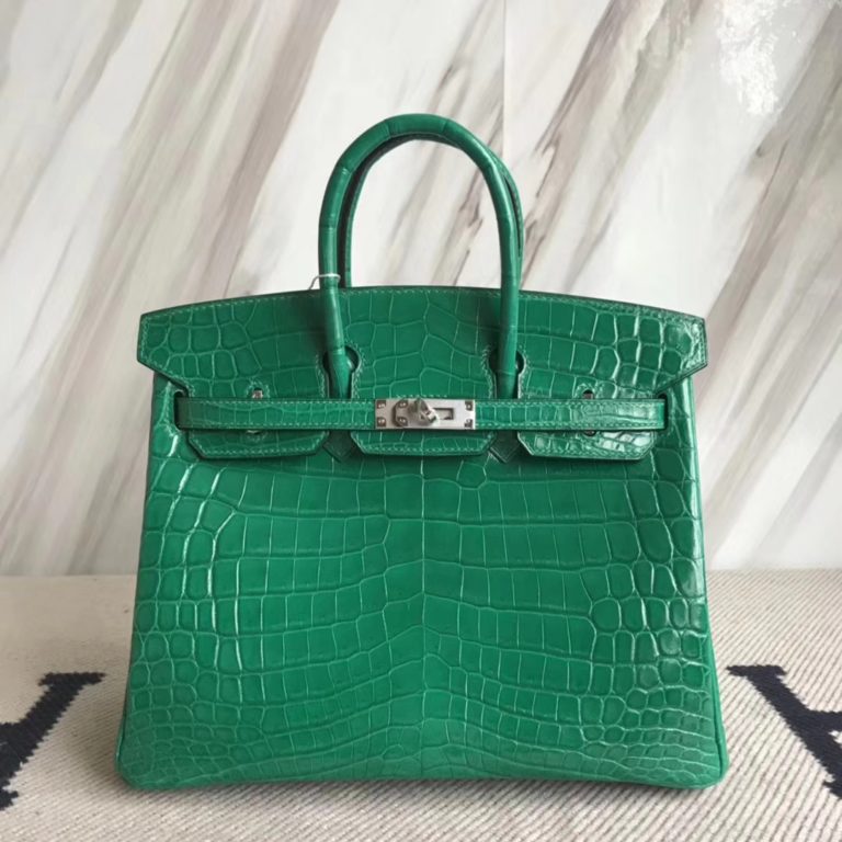 Hermes Crocodile Shiny Birkin Bag 25CM in 6Q Emerald Green Silver Hardware
