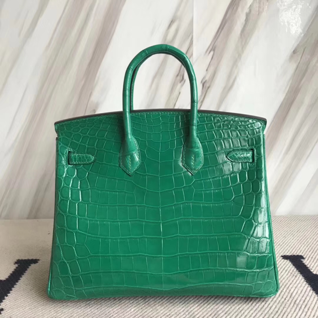 Elegant Hermes Crocodile Shiny Birkin Bag25CM in 6Q Emerald Green Silver Hardware