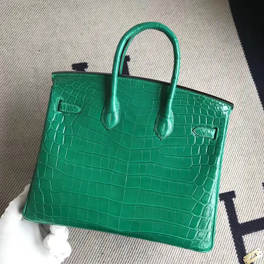 Elegant Hermes Crocodile Shiny Birkin Bag25CM in 6Q Emerald Green Silver Hardware