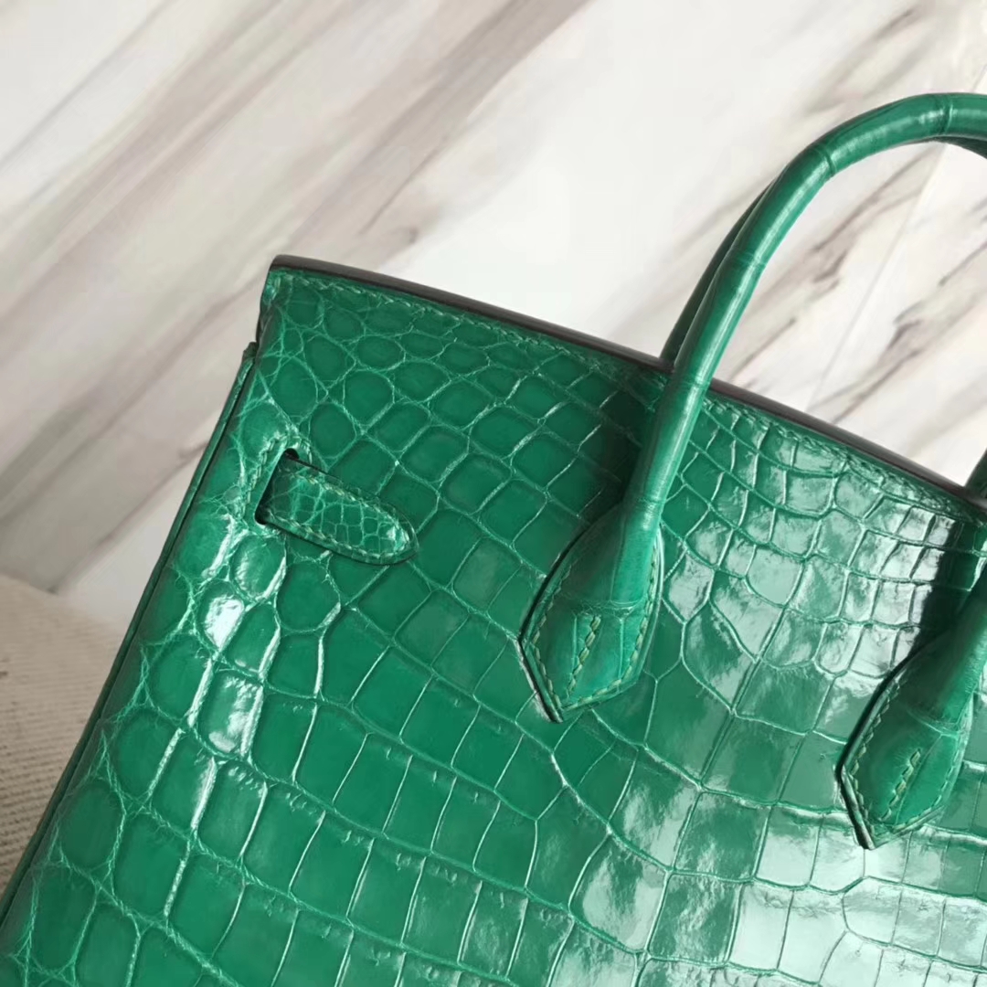 Elegant Hermes Crocodile Shiny Birkin Bag25CM in 6Q Emerald Green Silver Hardware