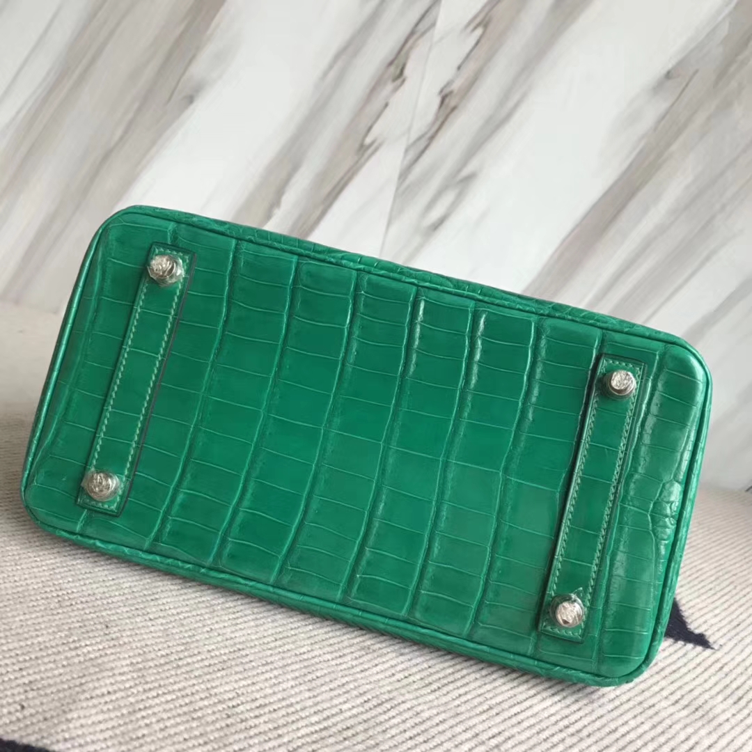 Elegant Hermes Crocodile Shiny Birkin Bag25CM in 6Q Emerald Green Silver Hardware