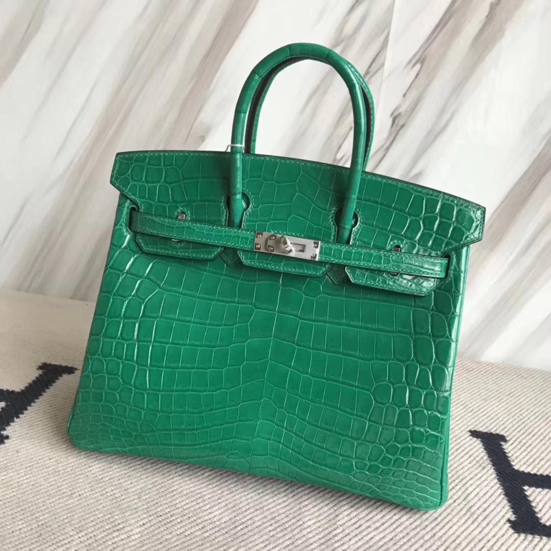 Elegant Hermes Crocodile Shiny Birkin Bag25CM in 6Q Emerald Green Silver Hardware