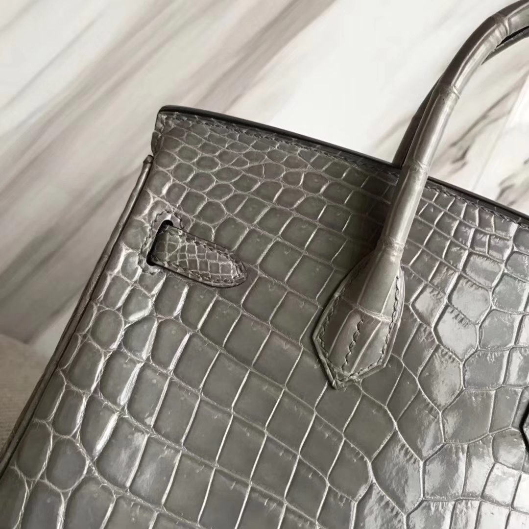 Discount Hermes M8 Gris Ashpite Crocodile Shiny Birkin Bag25CM Silver Hardware