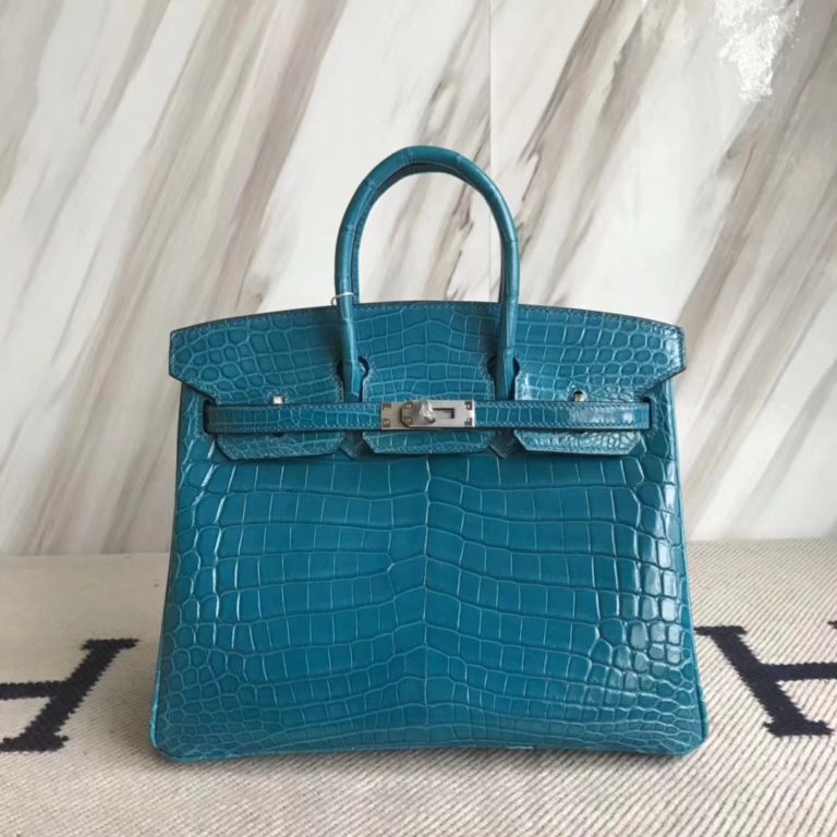 Hermes Crocodile Shiny Leather Birkin 25CM Bag in 7W Blue Izmir Silver Hardware