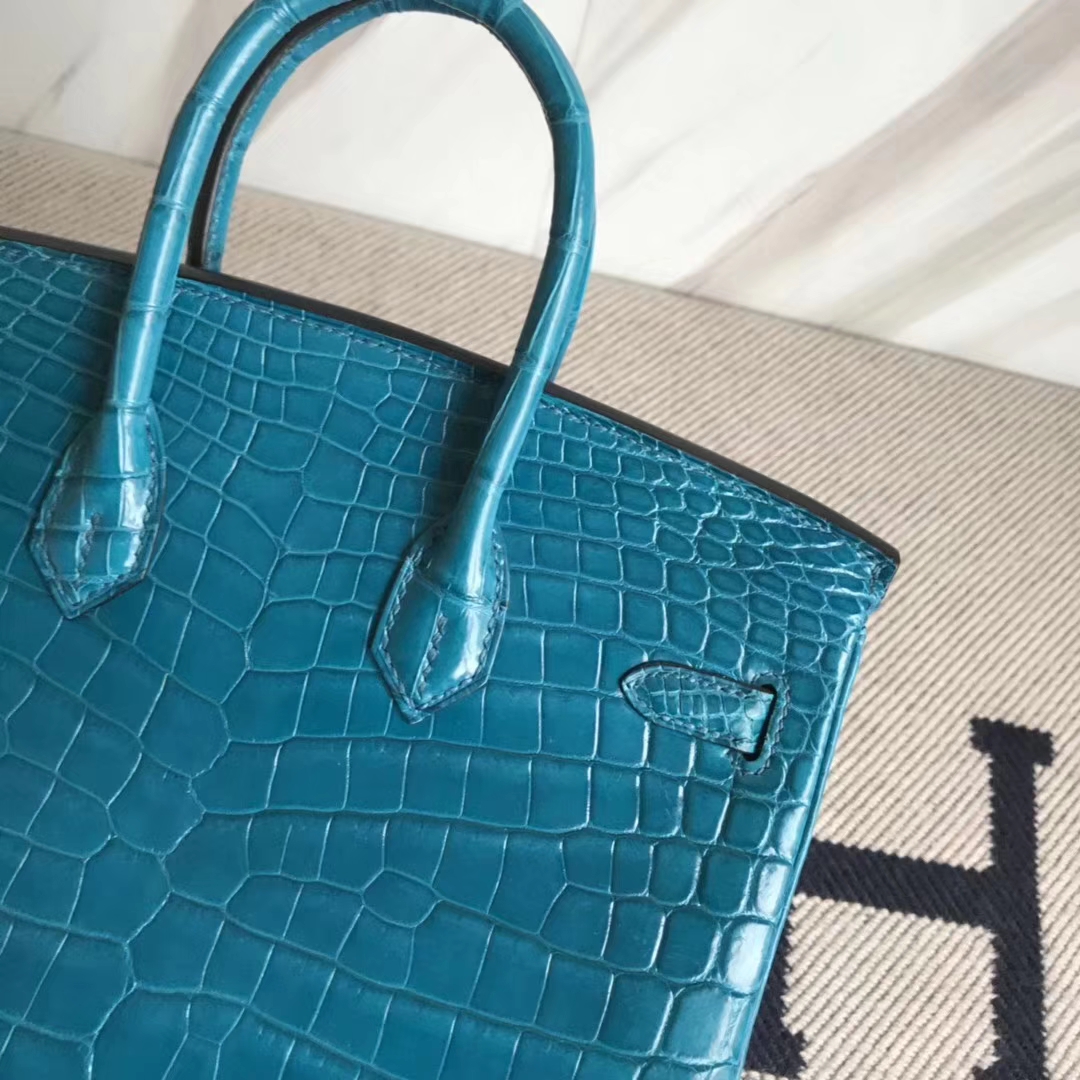 Noble Hermes Crocodile Shiny Leather Birkin25CM Bag in 7W Blue Izmir Silver Hardware
