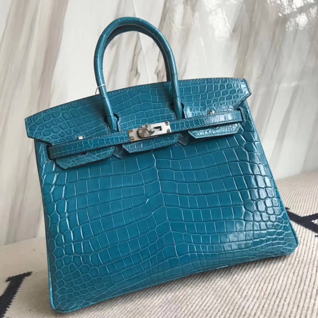 Noble Hermes Crocodile Shiny Leather Birkin25CM Bag in 7W Blue Izmir Silver Hardware