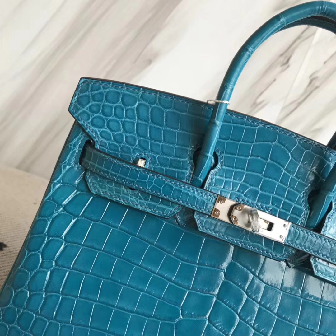 Noble Hermes Crocodile Shiny Leather Birkin25CM Bag in 7W Blue Izmir Silver Hardware