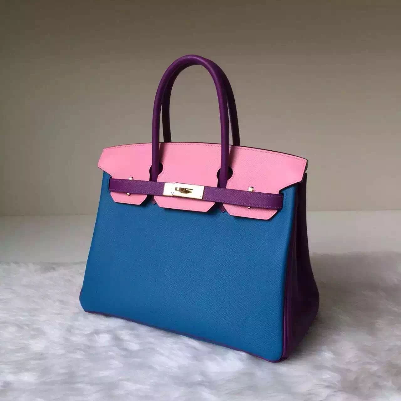 New Pretty Hermes Epsom Leather Color Blocking Birkin 30cm Women&#8217;s Handbag