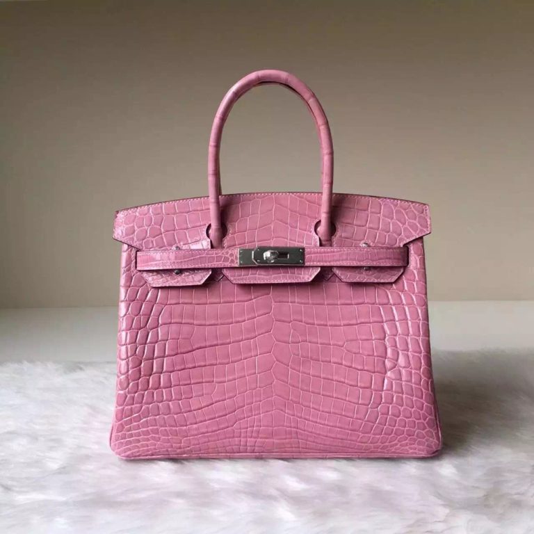 Womens Bag Hermes Crocodile Shiny Leather Birkin  30cm in Peach Pink