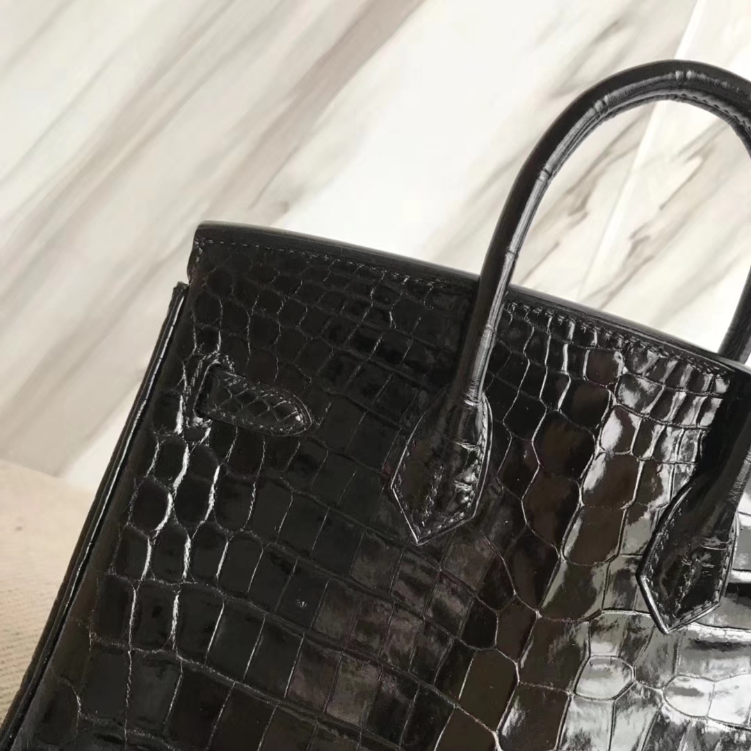 Luxury Hermes Crocodile Shiny Leather Birkin25CM Bag in CK89 Black Gold Hardware