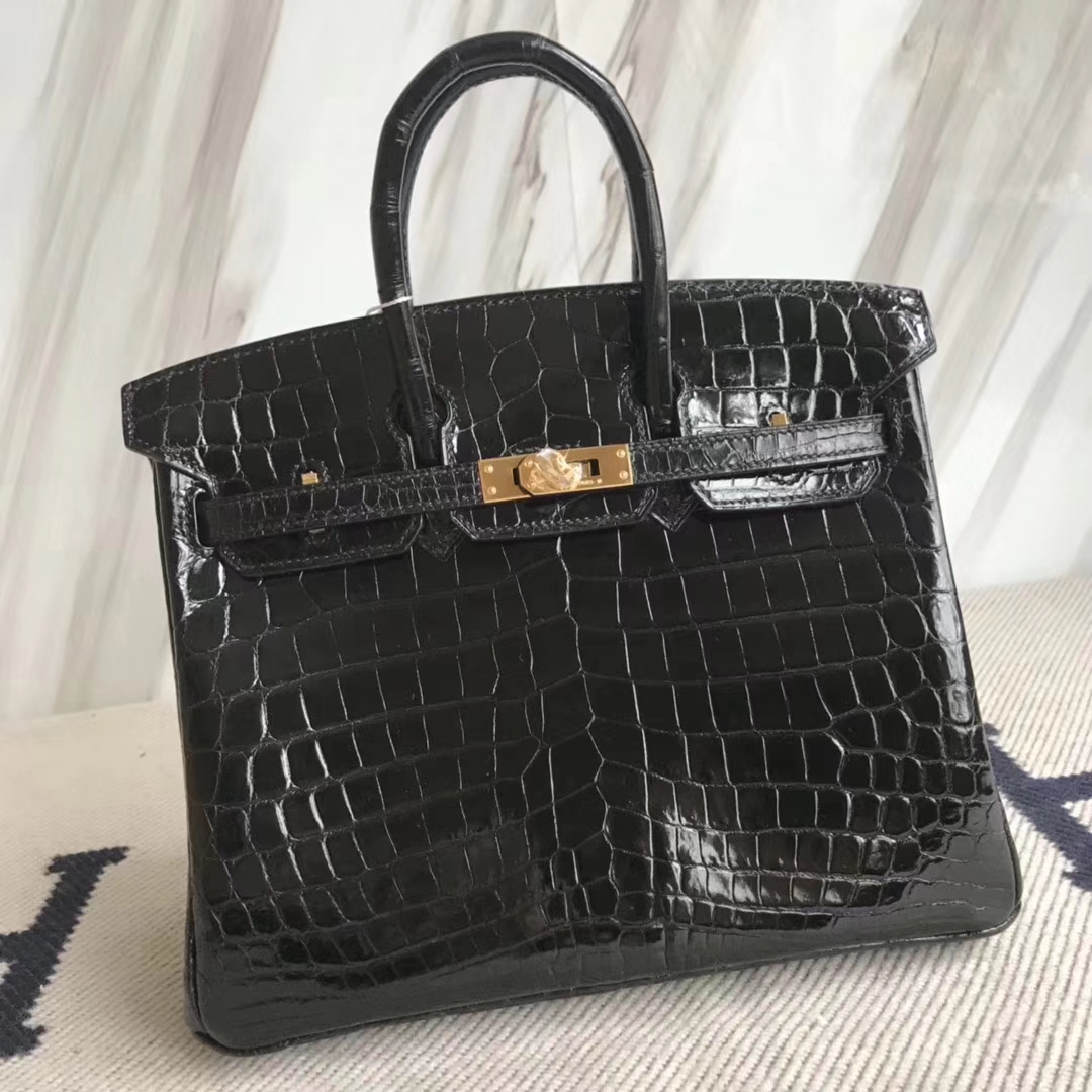 Luxury Hermes Crocodile Shiny Leather Birkin25CM Bag in CK89 Black Gold Hardware