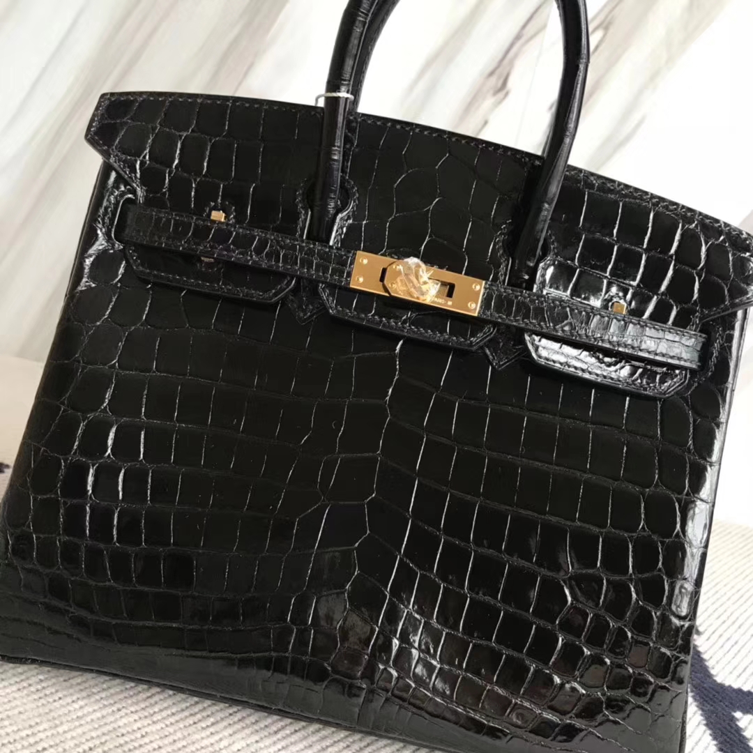 Luxury Hermes Crocodile Shiny Leather Birkin25CM Bag in CK89 Black Gold Hardware