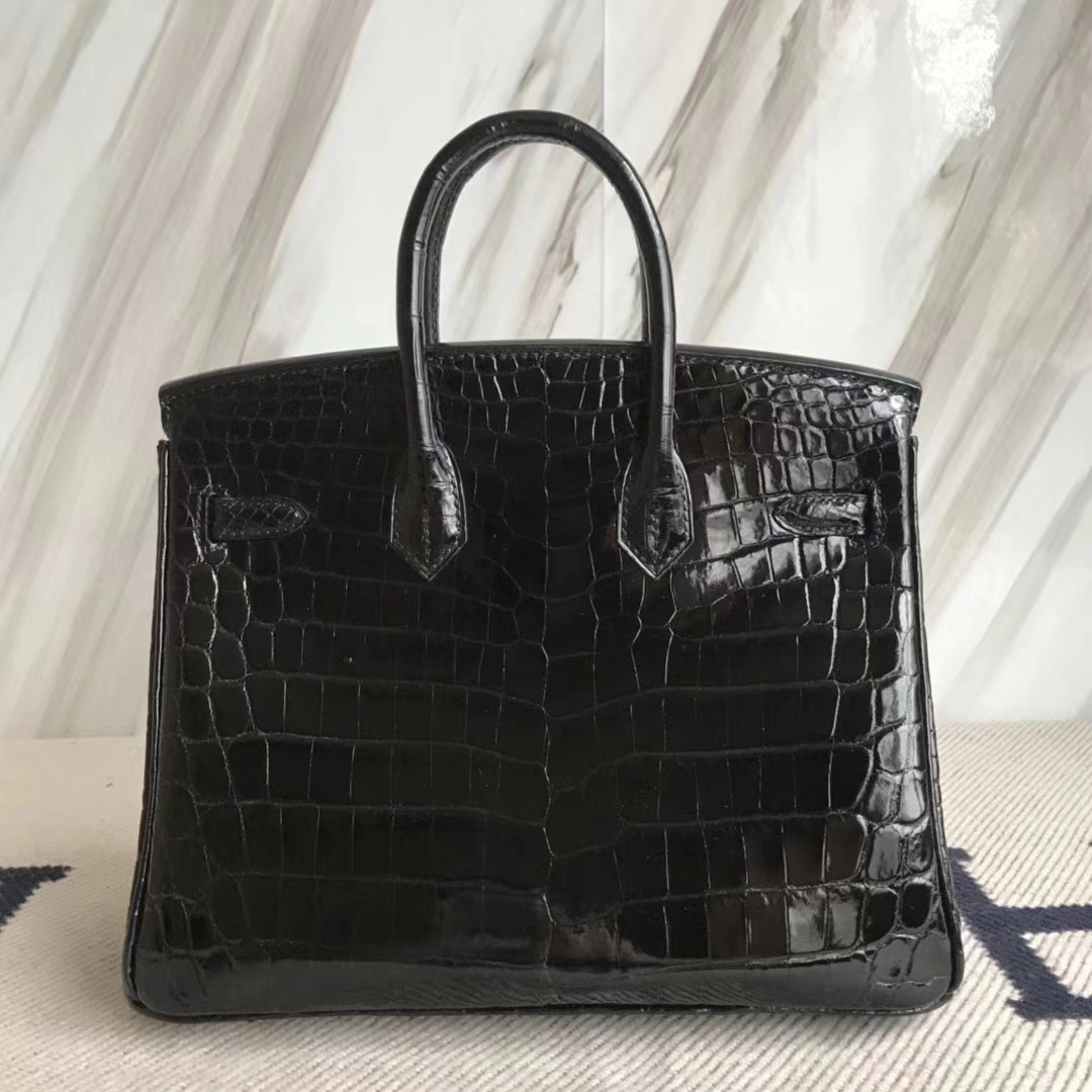 Luxury Hermes Crocodile Shiny Leather Birkin25CM Bag in CK89 Black Gold Hardware