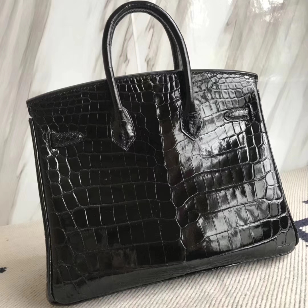 Luxury Hermes Crocodile Shiny Leather Birkin25CM Bag in CK89 Black Gold Hardware