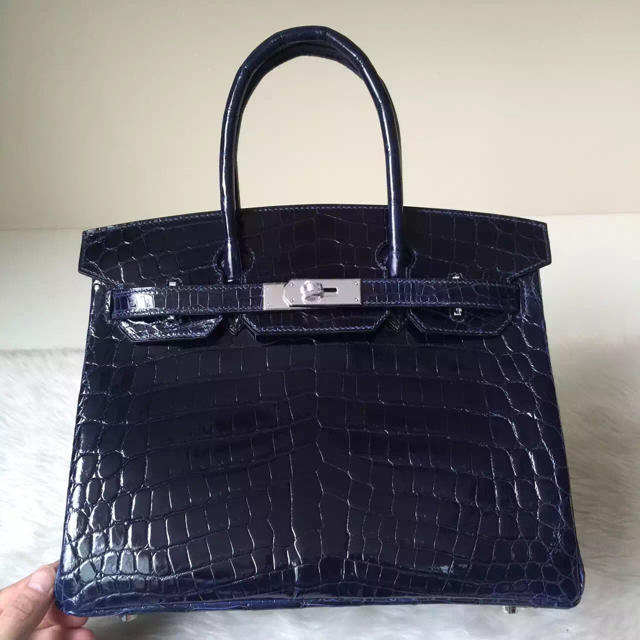 Discount Hermes Birkin Bag 30CM 7K Dark Blue Crocodile Shiny Leather