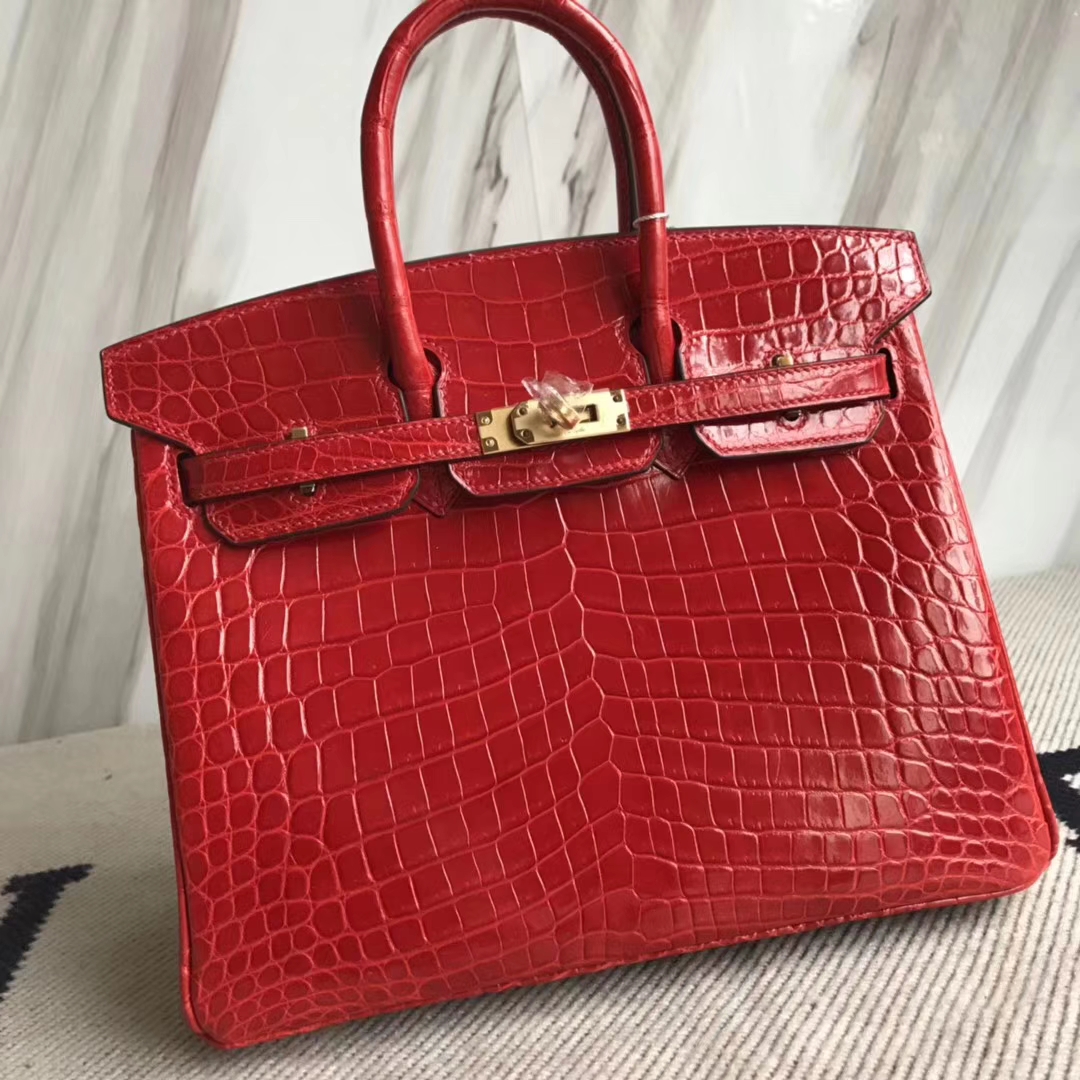 Pretty Hermes CK95 Braise Crocodile Shiny Leather Birkin Bag25CM Gold Hardware