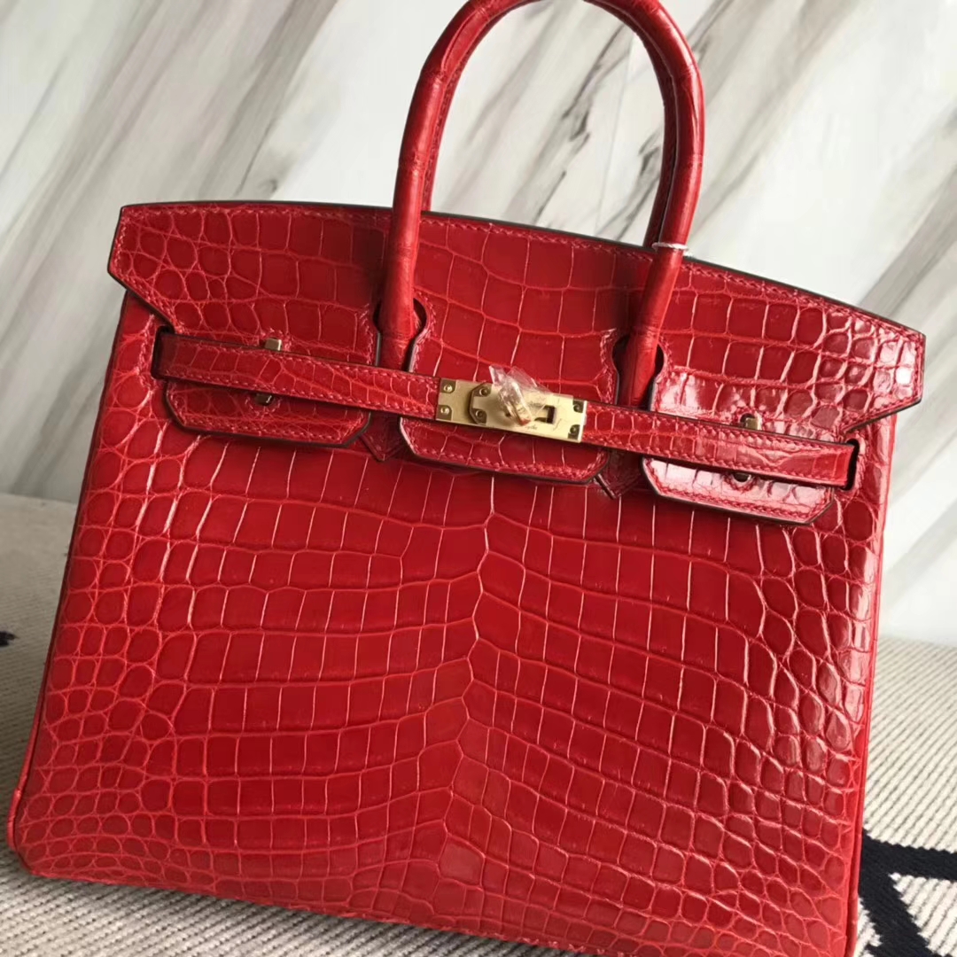 Pretty Hermes CK95 Braise Crocodile Shiny Leather Birkin Bag25CM Gold Hardware
