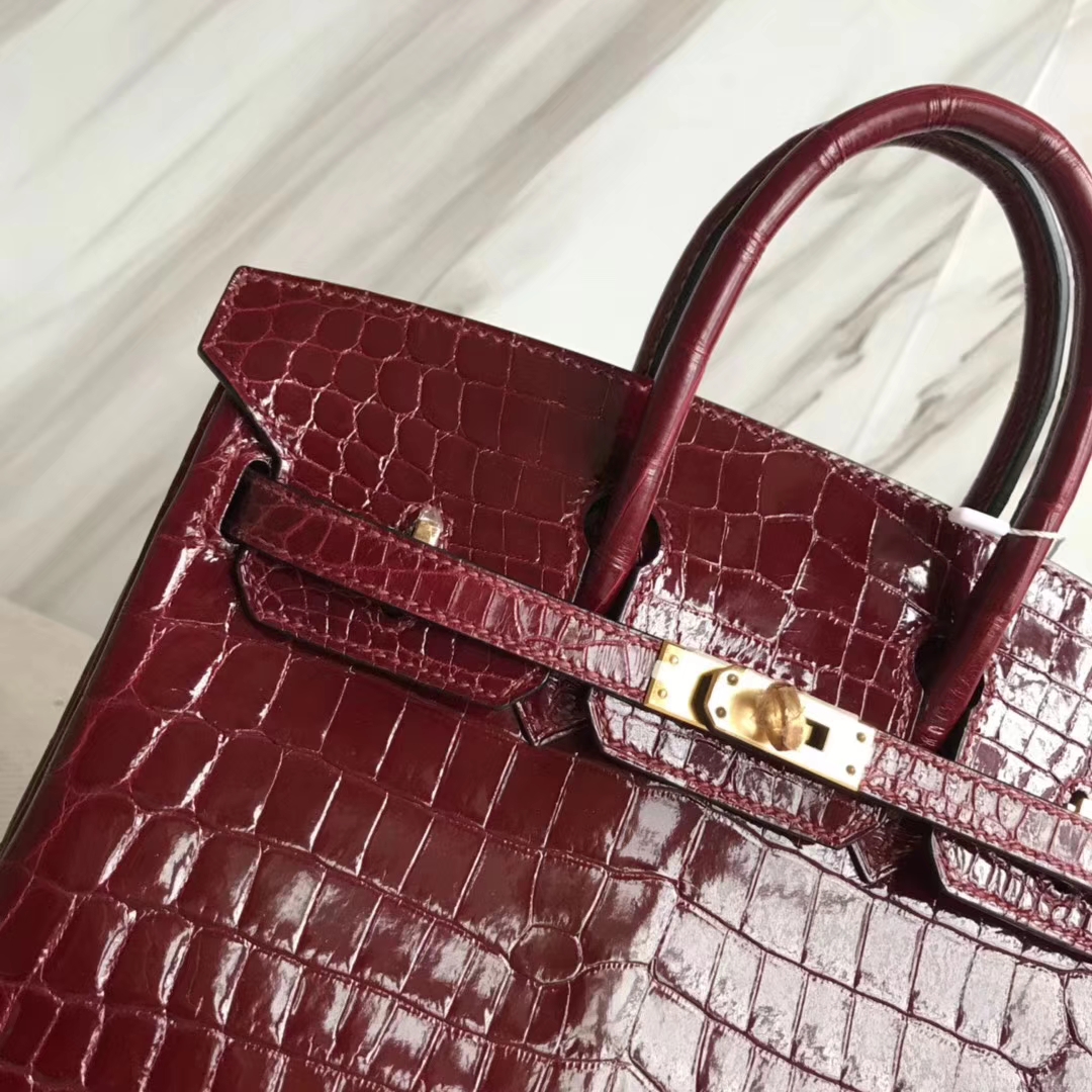 Luxury Hermes Crocodile Shiny Birkin25CM Bag in F5 Bourgogne Red Gold Hardware