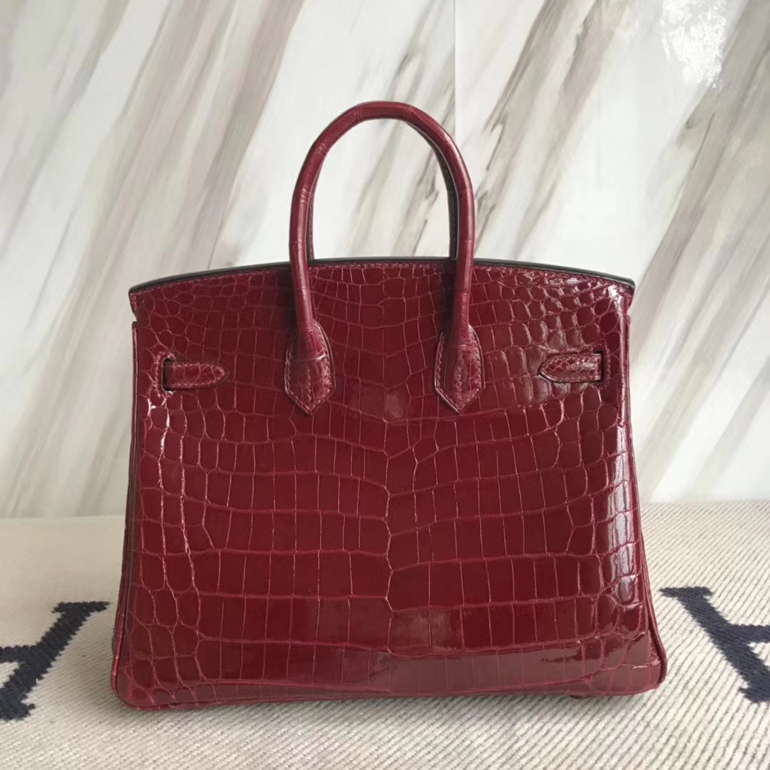 Luxury Hermes Crocodile Shiny Birkin25CM Bag in F5 Bourgogne Red Gold Hardware