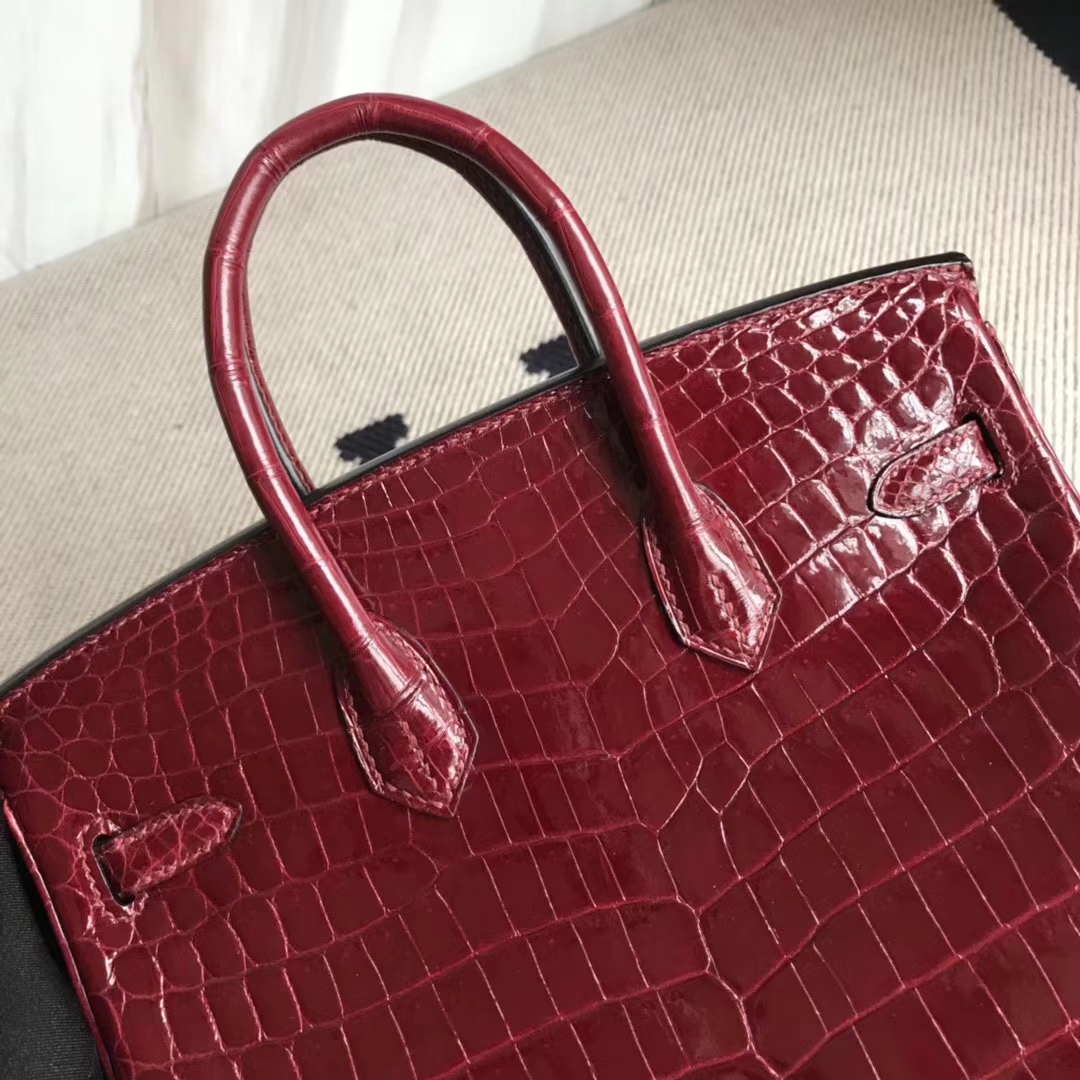Luxury Hermes Crocodile Shiny Birkin25CM Bag in F5 Bourgogne Red Gold Hardware