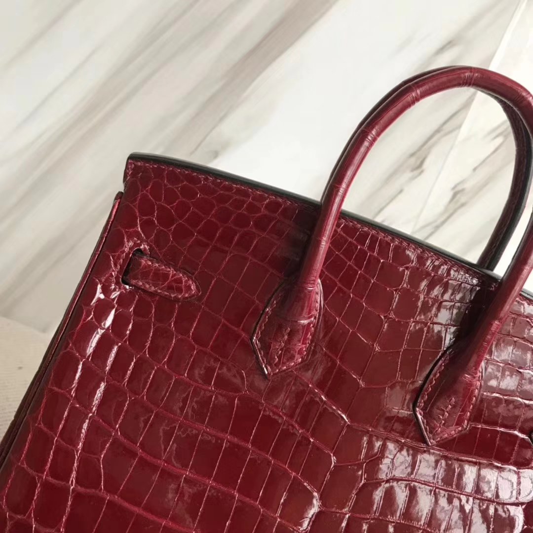 Luxury Hermes Crocodile Shiny Birkin25CM Bag in F5 Bourgogne Red Gold Hardware