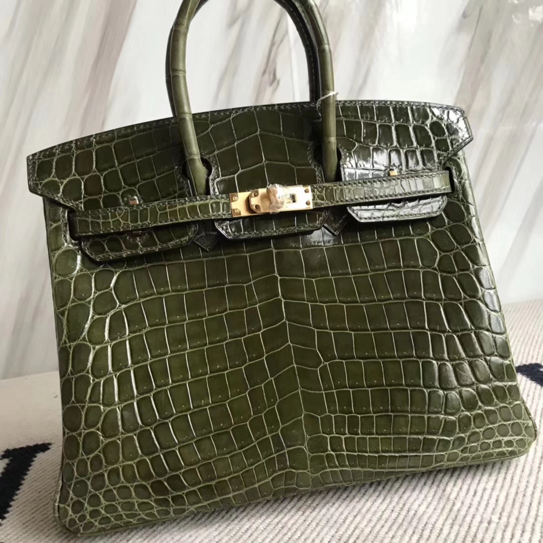 Luxury Hermes 6H Olive Green Crocodile Shiny Leather Birkin25CM Bag Gold Hardware