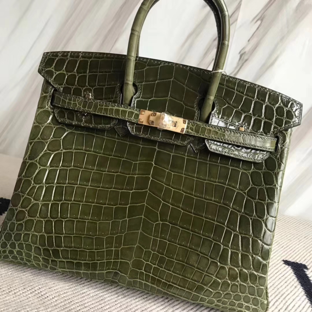 Luxury Hermes 6H Olive Green Crocodile Shiny Leather Birkin25CM Bag Gold Hardware